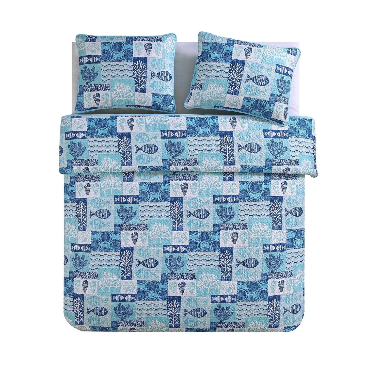King size Aqua Blue Cream Beach Sea Shells Coral Fish Coastal 3-Piece Quilt Set FastFurnishings