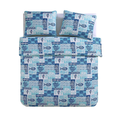King size Aqua Blue Cream Beach Sea Shells Coral Fish Coastal 3-Piece Quilt Set FastFurnishings
