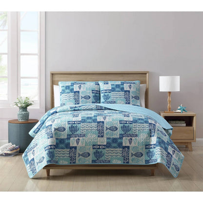 King size Aqua Blue Cream Beach Sea Shells Coral Fish Coastal 3-Piece Quilt Set FastFurnishings