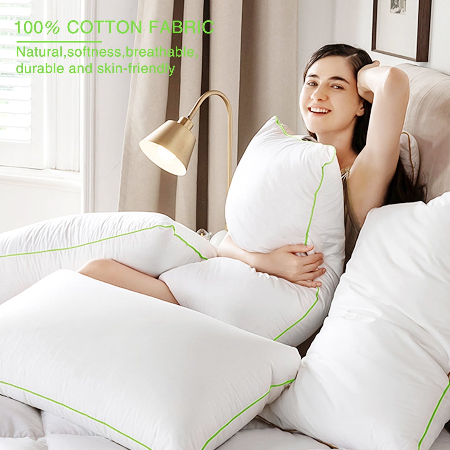 Kasentex Silky Green Piped Edge Goose Down Feather Pillow Set, White