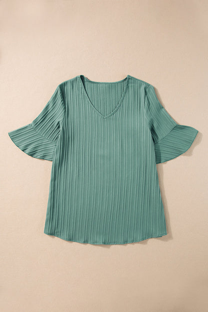 Capri Ruffled Half Sleeve V Neck Textured Top.