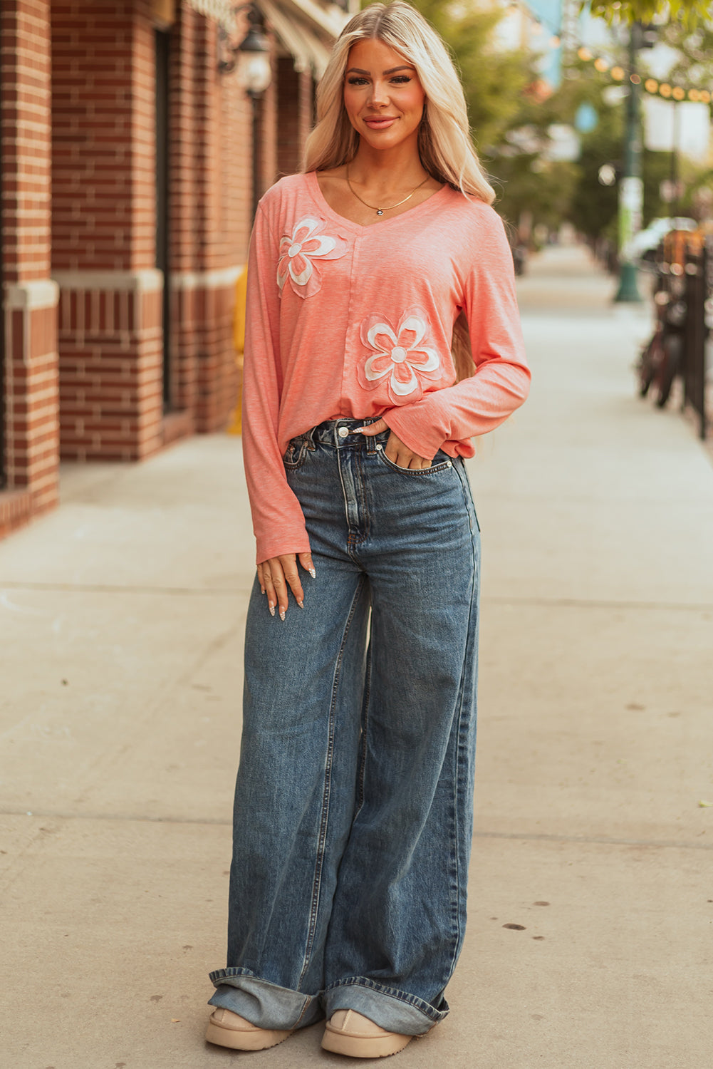 Rachel Floral Patchwork V Neck Long Sleeve Top Threaded Pear