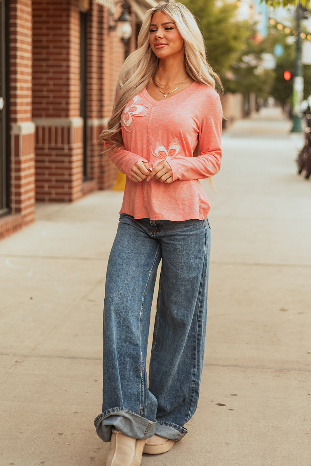 Rachel Floral Patchwork V Neck Long Sleeve Top Threaded Pear