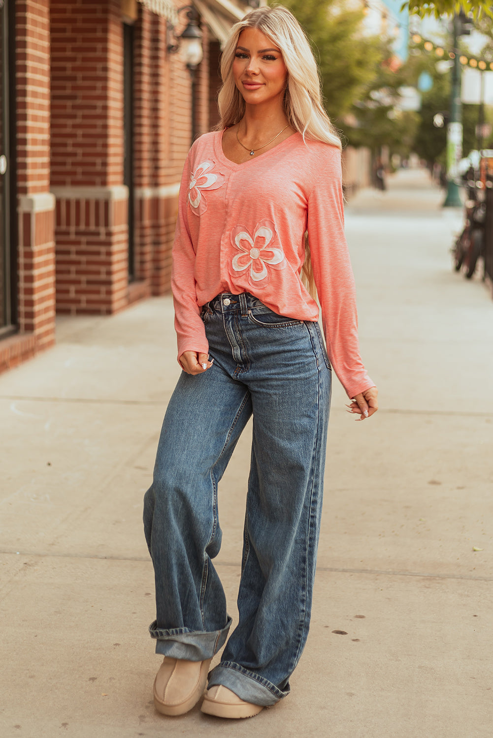 Rachel Floral Patchwork V Neck Long Sleeve Top Threaded Pear
