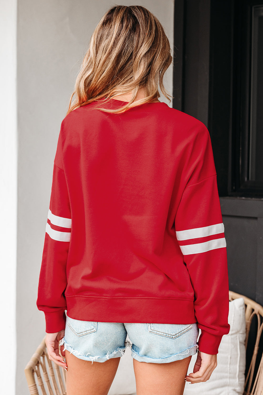Lennon Varsity Striped Oversized Sweatshirt Threaded Pear