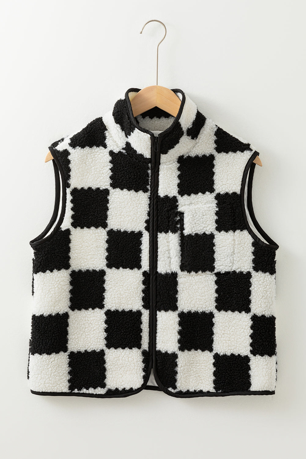 Mindi Checkered Sherpa Collared Jacket Vest Threaded Pear