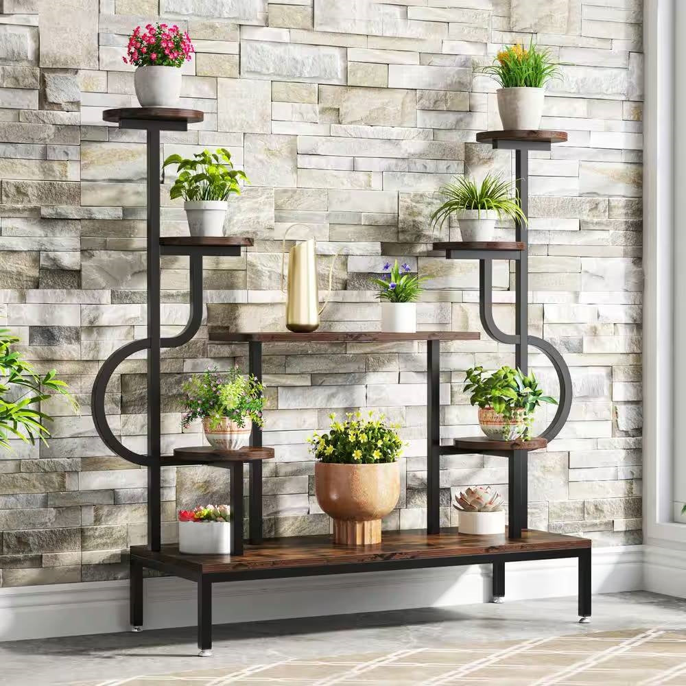 Modern Industrial Metal Wood Stepped Shelf Bookcase Plant Stand Shelving Unit FastFurnishings