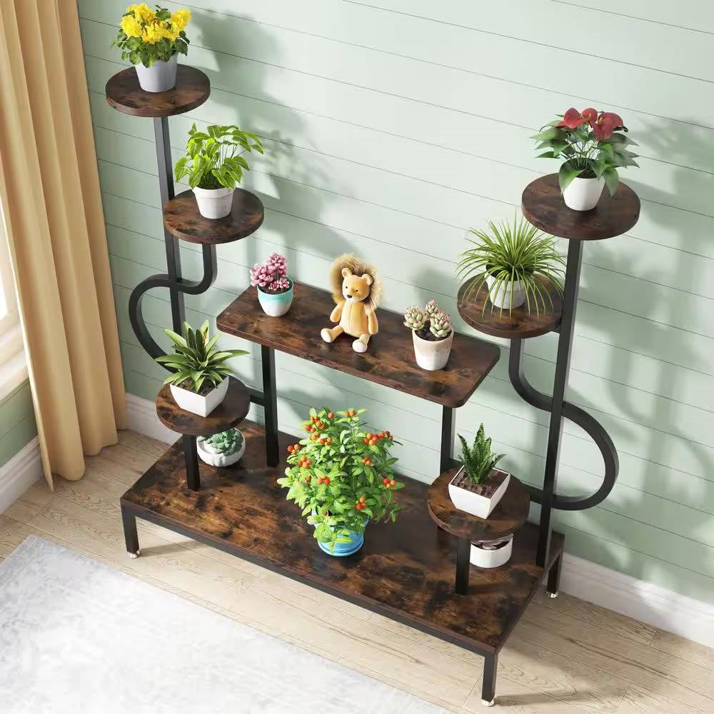 Modern Industrial Metal Wood Stepped Shelf Bookcase Plant Stand Shelving Unit FastFurnishings