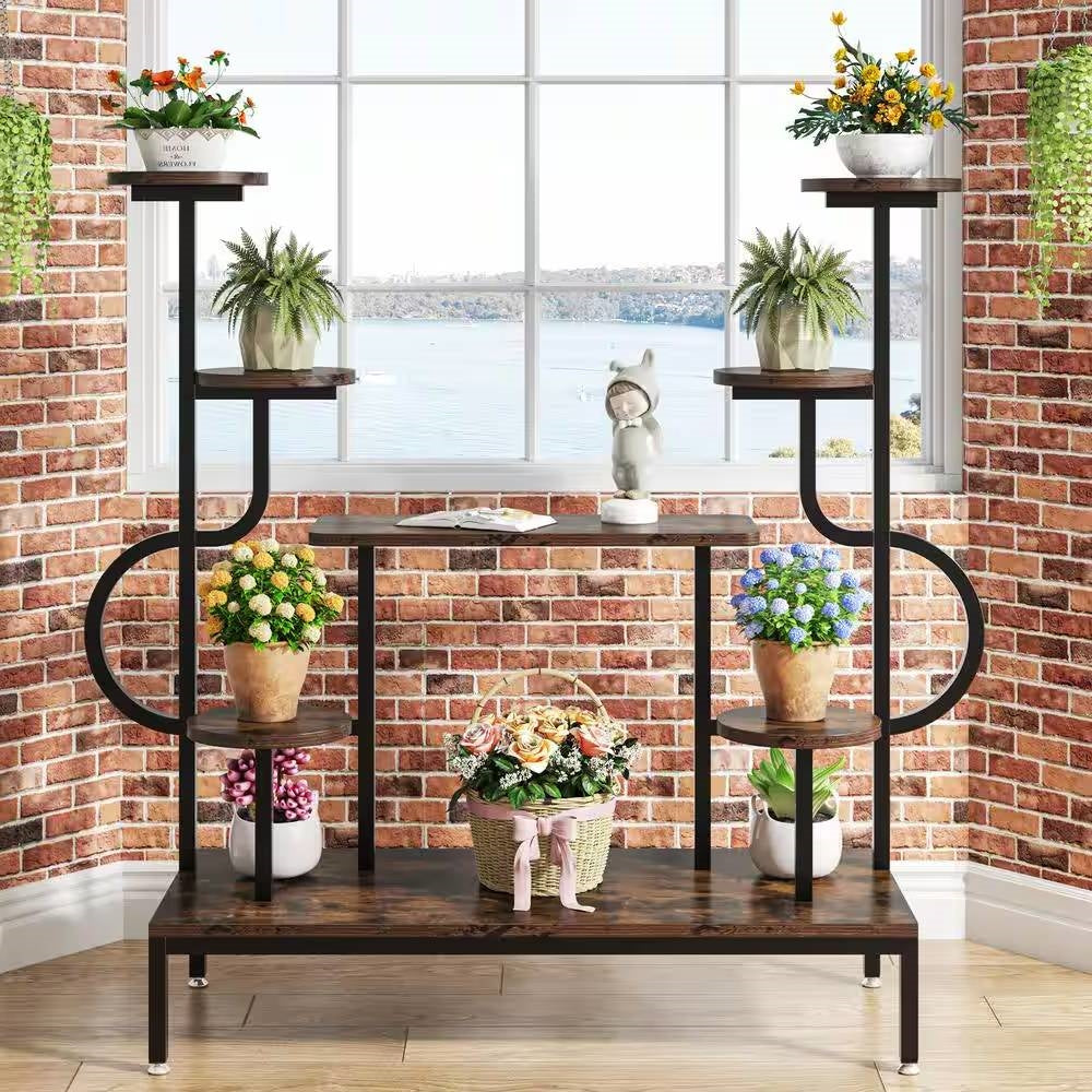 Modern Industrial Metal Wood Stepped Shelf Bookcase Plant Stand Shelving Unit FastFurnishings