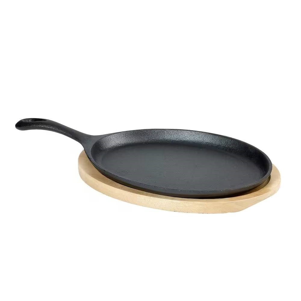 9-inch Cast Iron Flat Skillet Frying Pan Griddle with 10.5-inch Oval Wood Trivet FastFurnishings