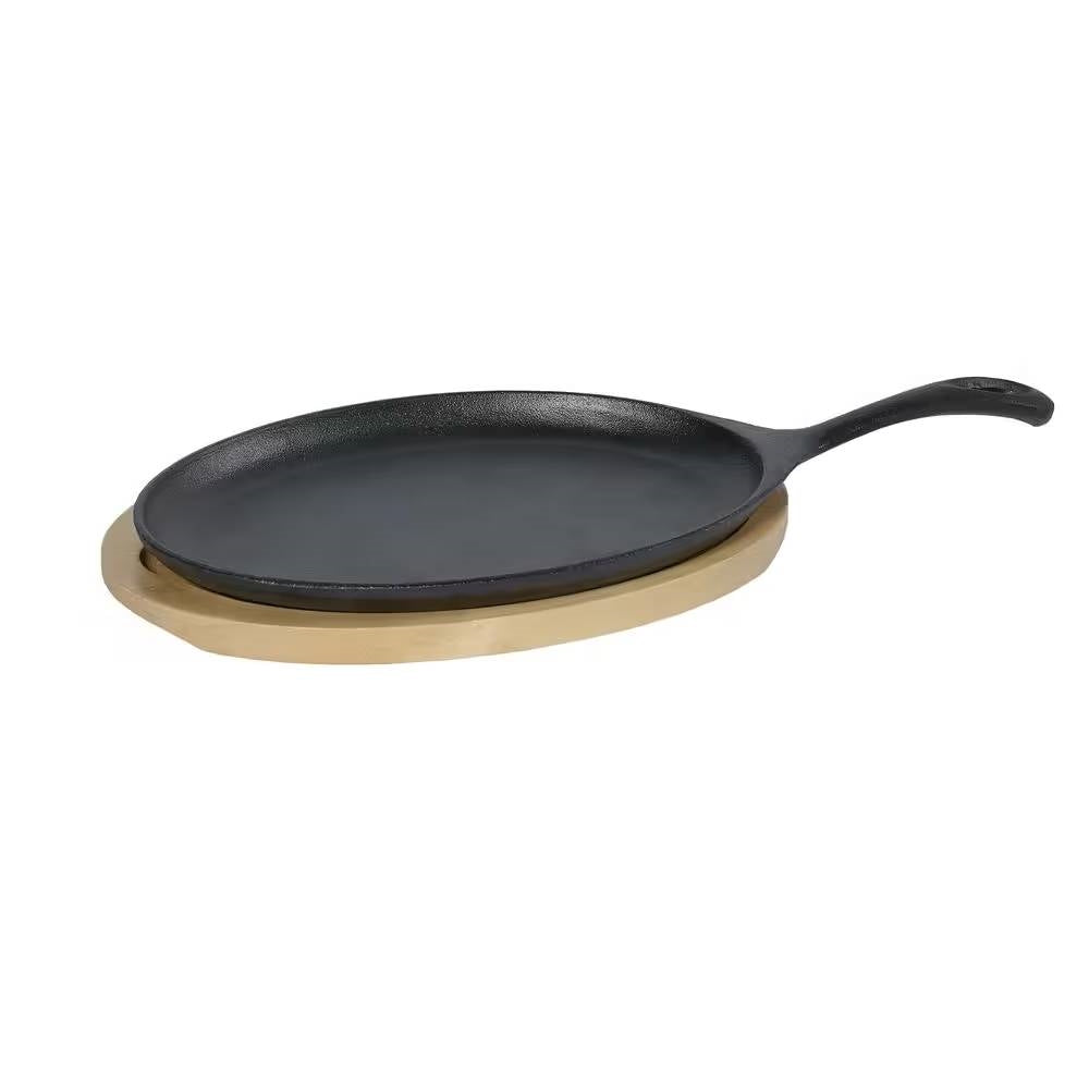 9-inch Cast Iron Flat Skillet Frying Pan Griddle with 10.5-inch Oval Wood Trivet FastFurnishings