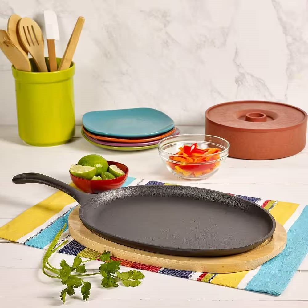 9-inch Cast Iron Flat Skillet Frying Pan Griddle with 10.5-inch Oval Wood Trivet FastFurnishings