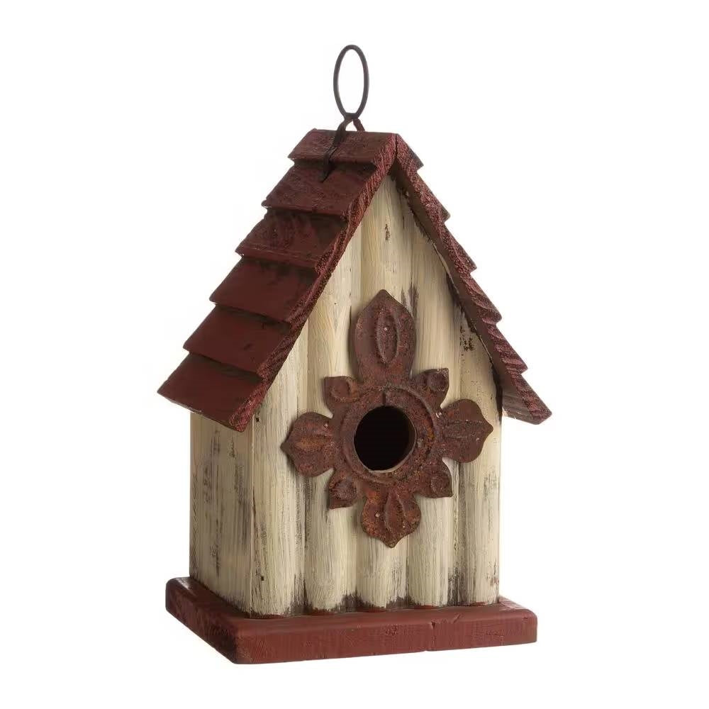 Outdoor A-Frame Solid Wood Bird House with Terracotta Color Slatted Roof FastFurnishings