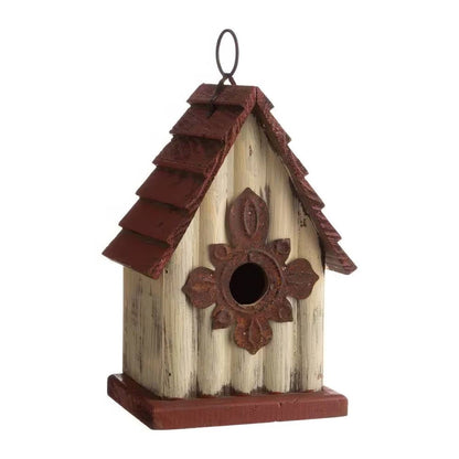 Outdoor A-Frame Solid Wood Bird House with Terracotta Color Slatted Roof FastFurnishings