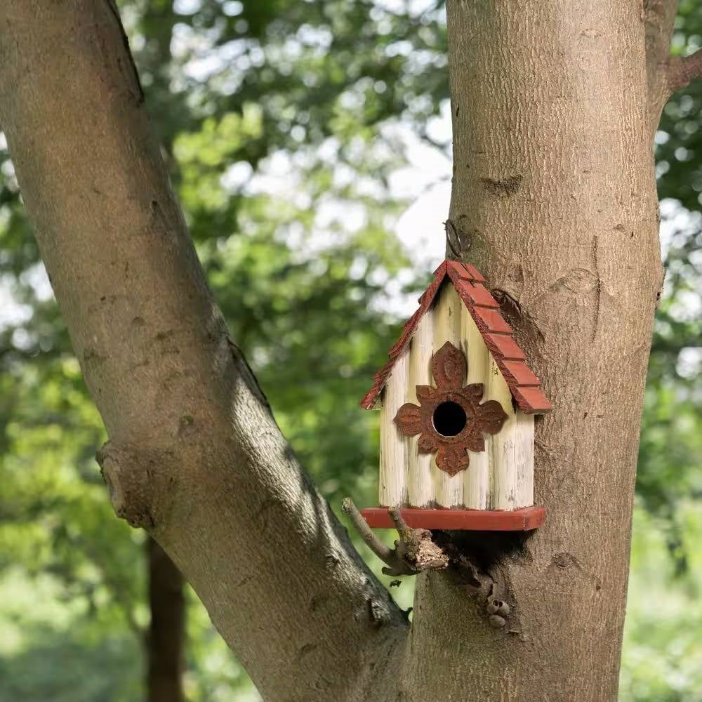 Outdoor A-Frame Solid Wood Bird House with Terracotta Color Slatted Roof FastFurnishings