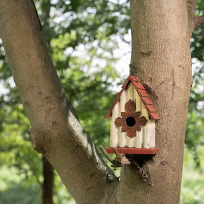 Outdoor A-Frame Solid Wood Bird House with Terracotta Color Slatted Roof FastFurnishings