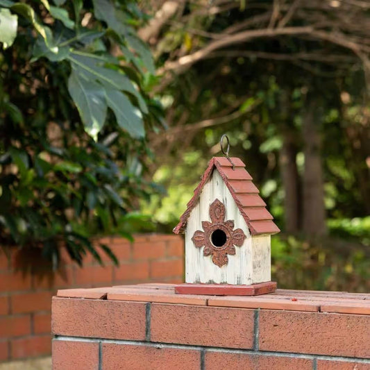 Outdoor A-Frame Solid Wood Bird House with Terracotta Color Slatted Roof FastFurnishings