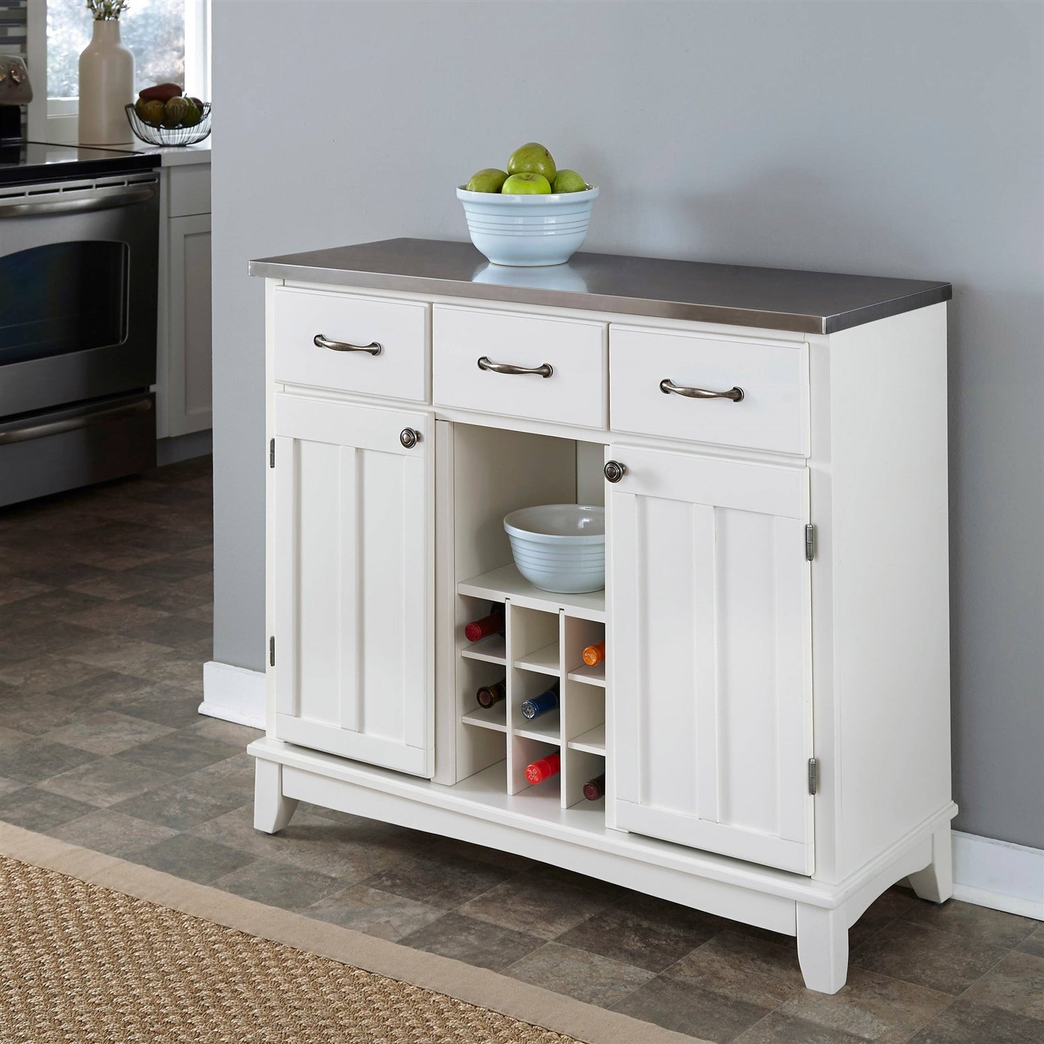 Stainless Steel Top Kitchen Island Sideboard Cabinet Wine Rack in White FastFurnishings
