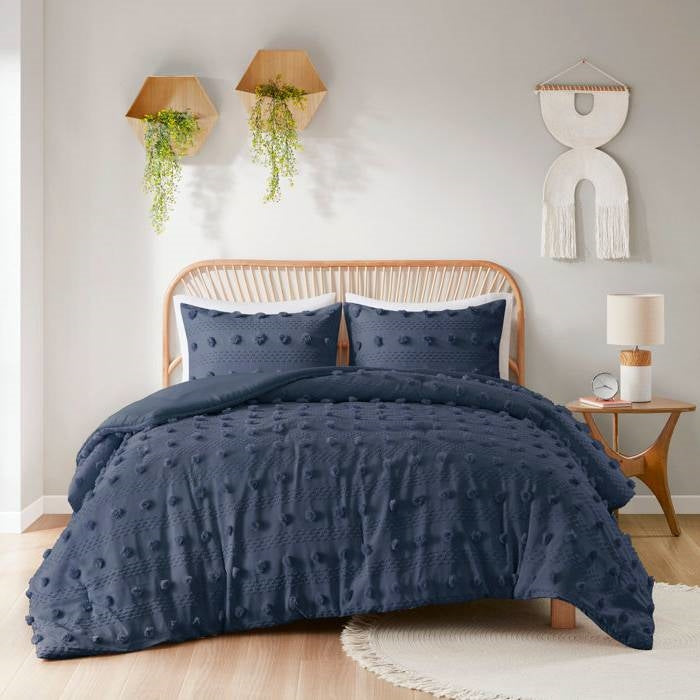 Twin/Twin XL 2 Piece Navy Pompom Microfiber Hypoallergenic Comforter Set FastFurnishings
