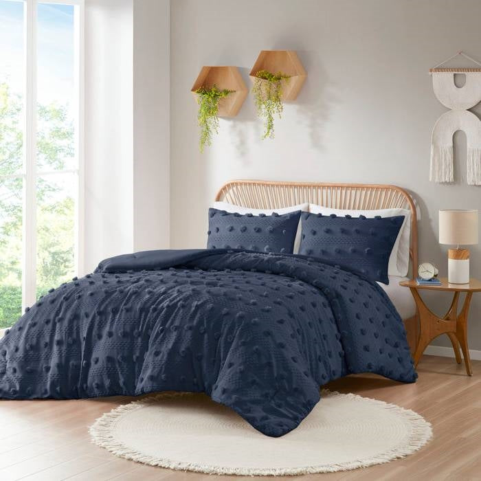 Twin/Twin XL 2 Piece Navy Pompom Microfiber Hypoallergenic Comforter Set FastFurnishings