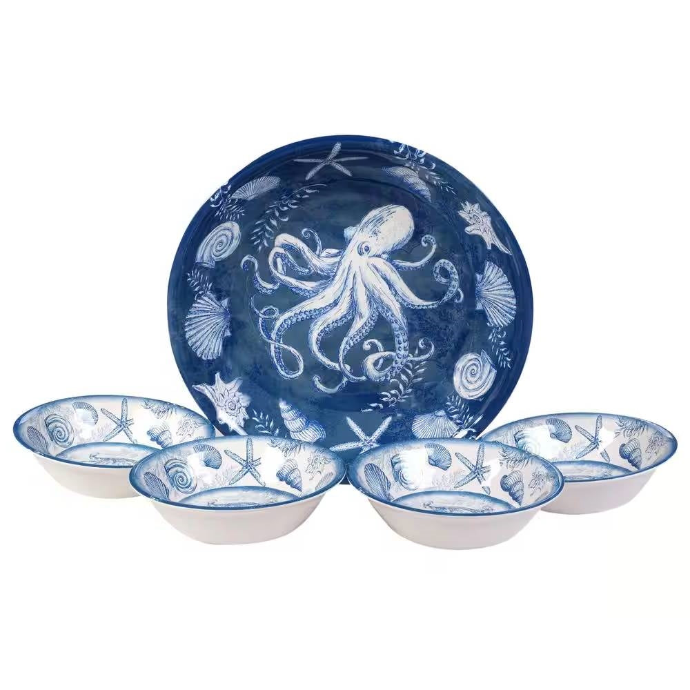 5-Piece Starfish Sea Shells Octopus Beach Dinner Bowl Set in Blue and White FastFurnishings
