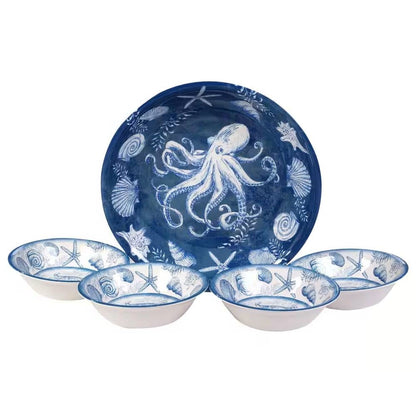 5-Piece Starfish Sea Shells Octopus Beach Dinner Bowl Set in Blue and White FastFurnishings