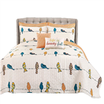 King size Orange White Blue Floral Birds On Wire 7 Piece Lightweight Quilt Set FastFurnishings