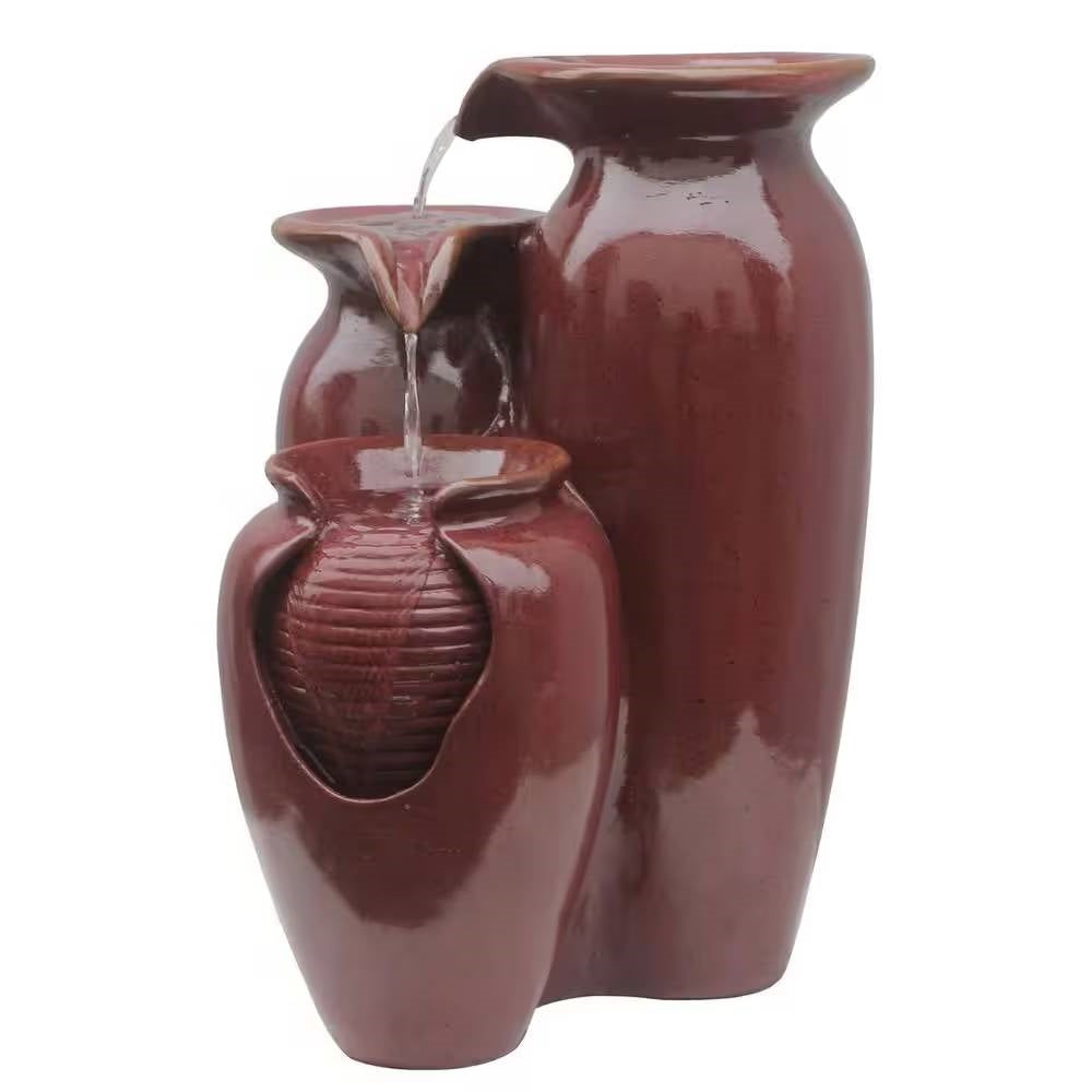 Outdoor Garden Patio 3-Tier Burgundy Red Ceramic-Look Polyresin Water Fountain FastFurnishings
