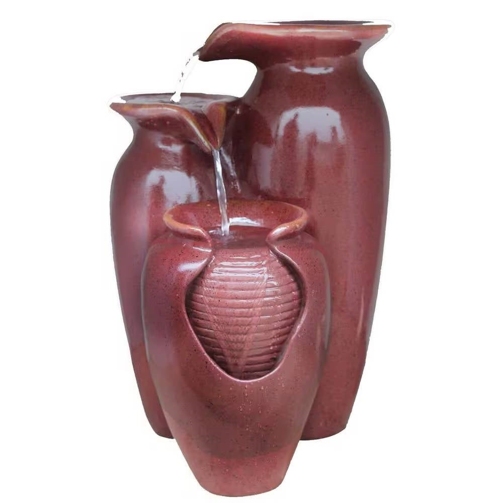 Outdoor Garden Patio 3-Tier Burgundy Red Ceramic-Look Polyresin Water Fountain FastFurnishings