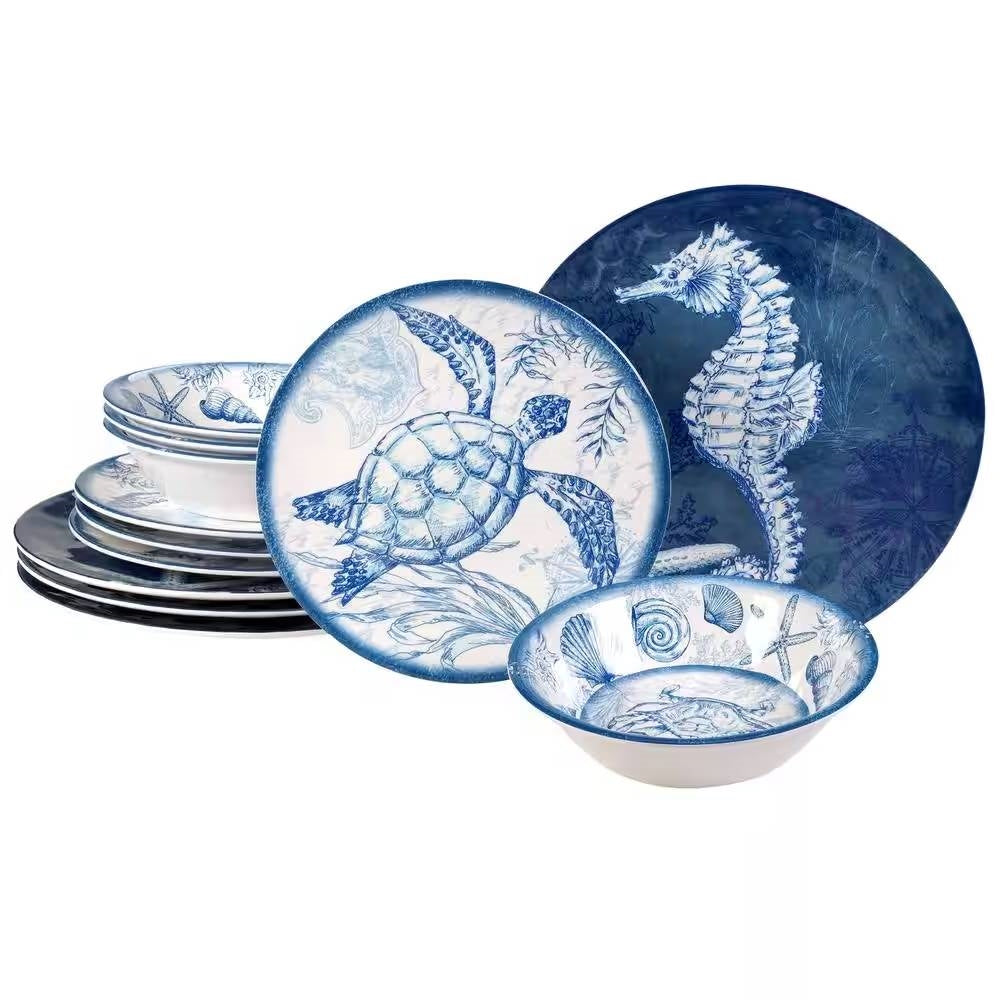 12-Piece Sea Shells Ocean Theme Dinnerware Set in Blue and White - Service for 4 FastFurnishings