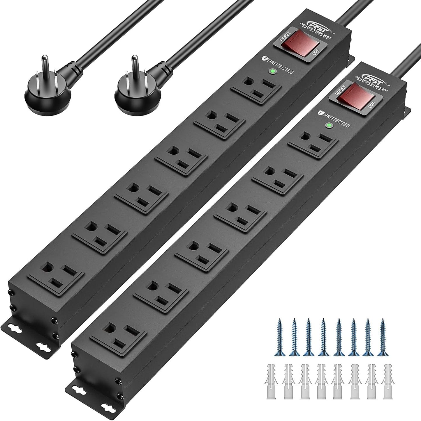 CRST 2PK Wider Spaced 6 Outlet Metal Surge Protector Power Strip 2100J 15A 1875W Heavy Duty Mountable Power Bar 6FT Flat Plug Extension Cord - Get it from Bo