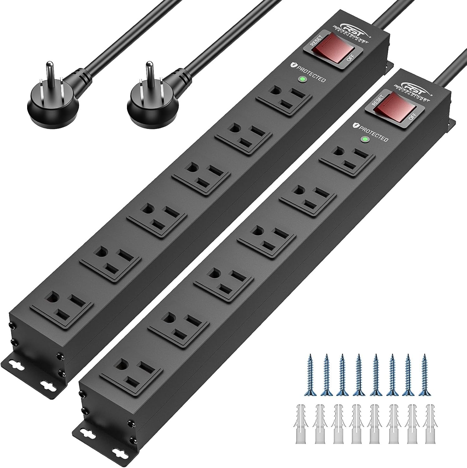CRST 2PK Wider Spaced 6 Outlet Metal Surge Protector Power Strip 2100J 15A 1875W Heavy Duty Mountable Power Bar 6FT Flat Plug Extension Cord - Get it from Bo