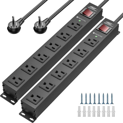 CRST 2PK Wider Spaced 6 Outlet Metal Surge Protector Power Strip 2100J 15A 1875W Heavy Duty Mountable Power Bar 6FT Flat Plug Extension Cord - Get it from Bo