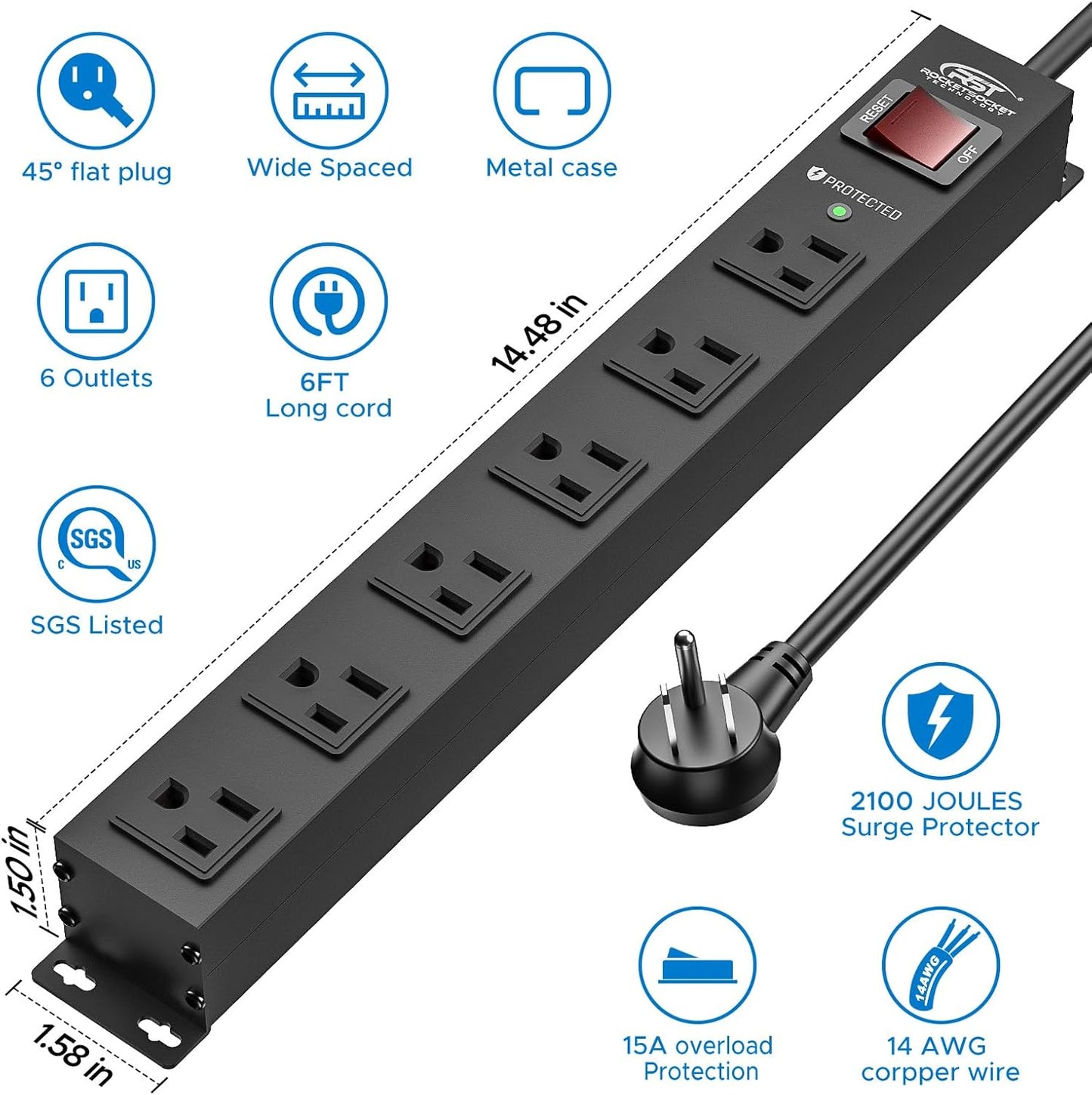 CRST 2PK Wider Spaced 6 Outlet Metal Surge Protector Power Strip 2100J 15A 1875W Heavy Duty Mountable Power Bar 6FT Flat Plug Extension Cord - Get it from Bo