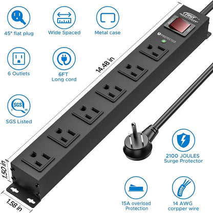 CRST 2PK Wider Spaced 6 Outlet Metal Surge Protector Power Strip 2100J 15A 1875W Heavy Duty Mountable Power Bar 6FT Flat Plug Extension Cord - Get it from Bo