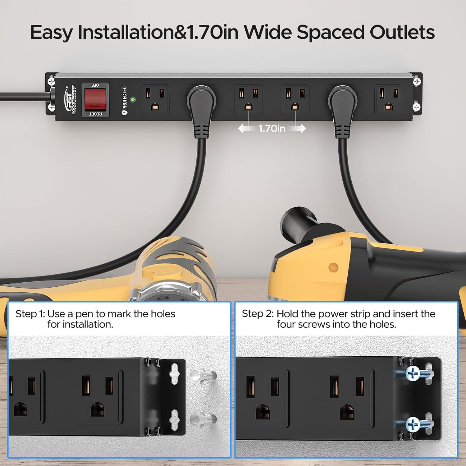 CRST 2PK Wider Spaced 6 Outlet Metal Surge Protector Power Strip 2100J 15A 1875W Heavy Duty Mountable Power Bar 6FT Flat Plug Extension Cord - Get it from Bo