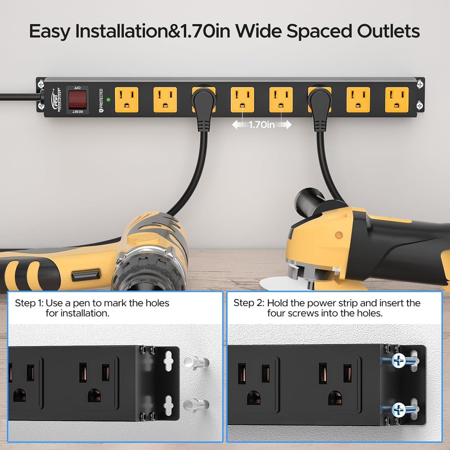 CRST 2 Pack 8 Outlet Metal Heavy Duty Power Strip  2100J Surge Protector 15A 1875W Mountable Wide Spaced Power Bar 6FT Flat Plug Extension Cord - Get it from Bo