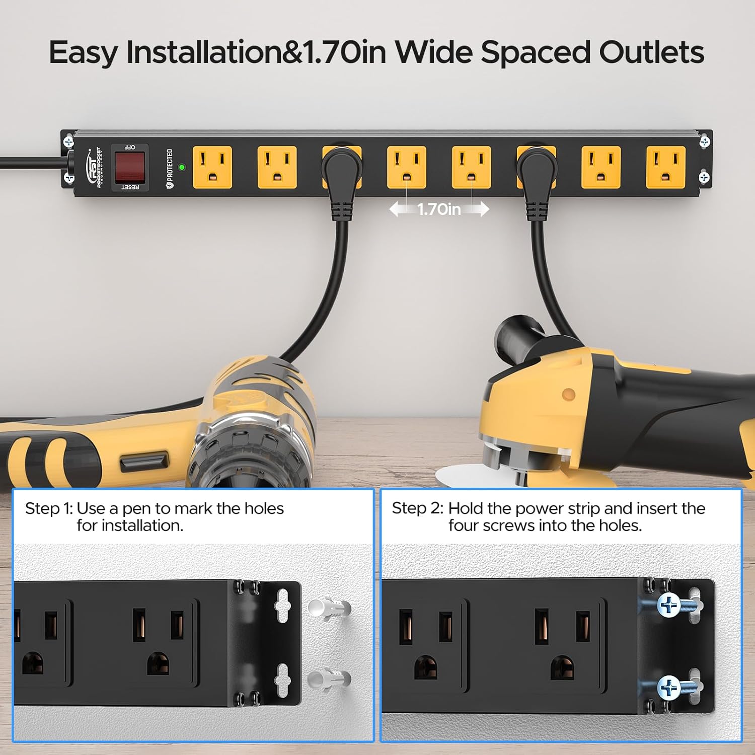 CRST 2 Pack 8 Outlet Metal Heavy Duty Power Strip  2100J Surge Protector 15A 1875W Mountable Wide Spaced Power Bar 6FT Flat Plug Extension Cord - Get it from Bo
