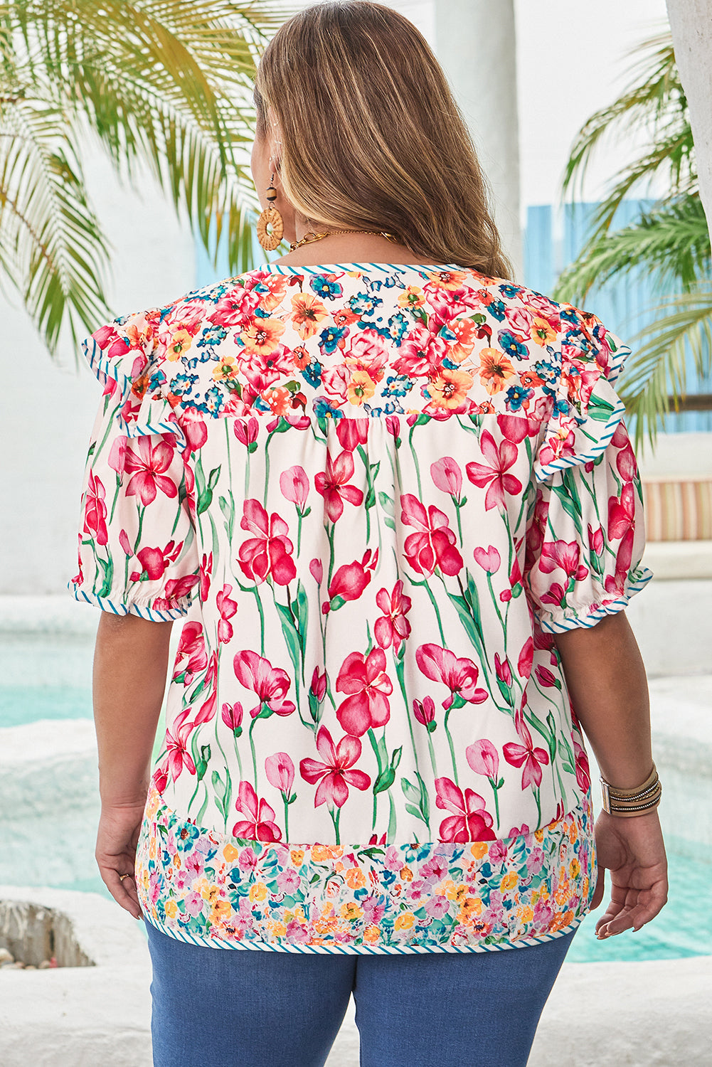 Kiara Plus Size Floral Striped Trim V Neck Blouse