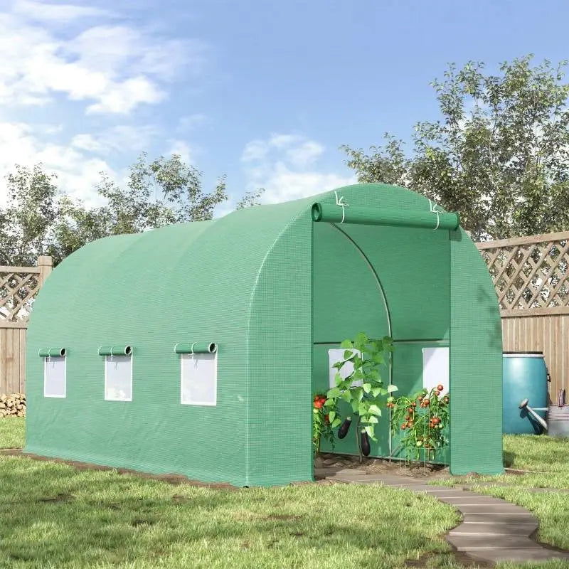 14.5 ft x 6.3 ft Outdoor Greenhouse with Green PE Cover and Sturdy Steel Frame FastFurnishings