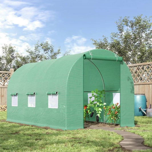 14.5 ft x 6.3 ft Outdoor Greenhouse with Green PE Cover and Sturdy Steel Frame FastFurnishings