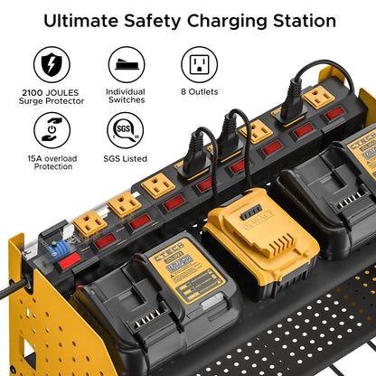 3 Layers Power Tool Organizer Wall Mount with Charging Station, Garage Tool Storage Rack Shelf with 8-Outlet Individual Switches Power Strip Rocket Socket Technology
