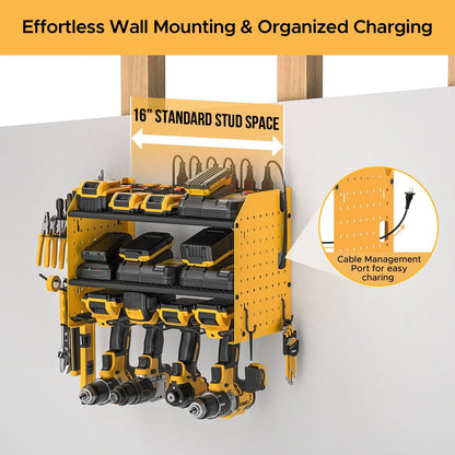 3 Layers Power Tool Organizer Wall Mount with Charging Station, Garage Tool Storage Rack Shelf with 8-Outlet Individual Switches Power Strip Rocket Socket Technology