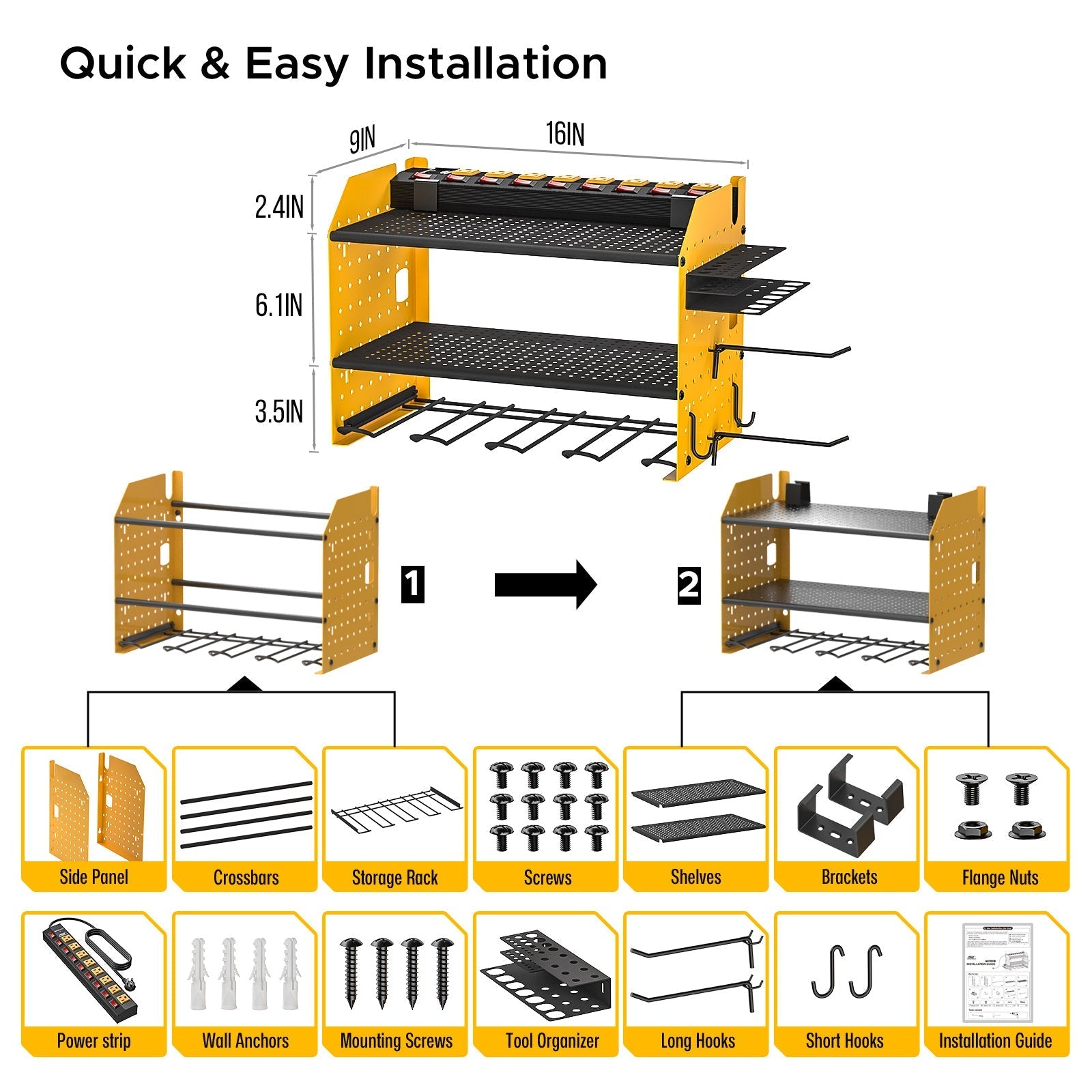 3 Layers Power Tool Organizer Wall Mount with Charging Station, Garage Tool Storage Rack Shelf with 8-Outlet Individual Switches Power Strip Rocket Socket Technology