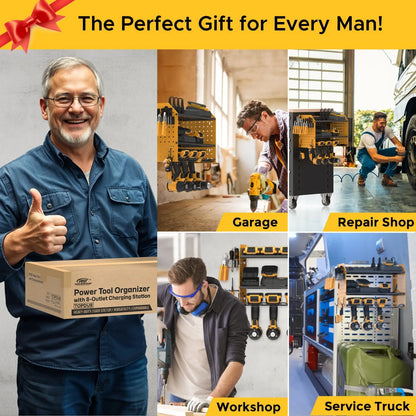 3 Layers Power Tool Organizer Wall Mount with Charging Station, Garage Tool Storage Rack Shelf with 8-Outlet Individual Switches Power Strip Rocket Socket Technology