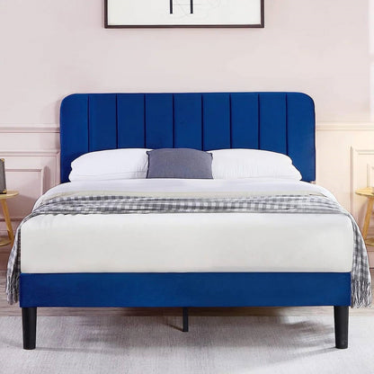 Queen size Blue Upholstered Platform Bed Frame with Headboard FastFurnishings
