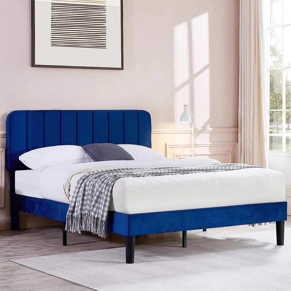 Queen size Blue Upholstered Platform Bed Frame with Headboard FastFurnishings