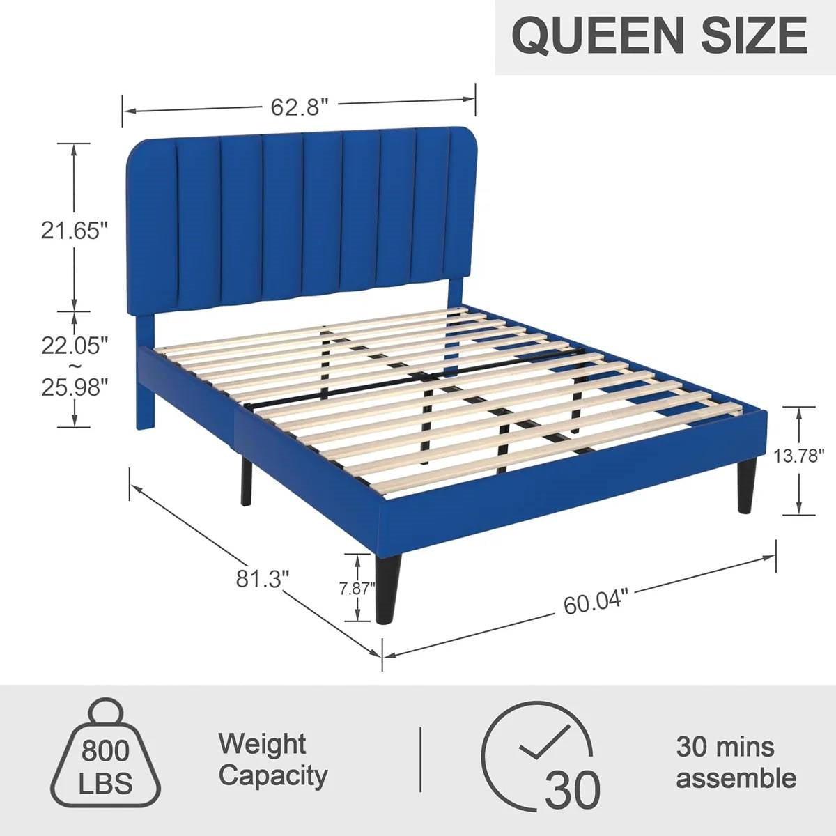 Queen size Blue Upholstered Platform Bed Frame with Headboard FastFurnishings