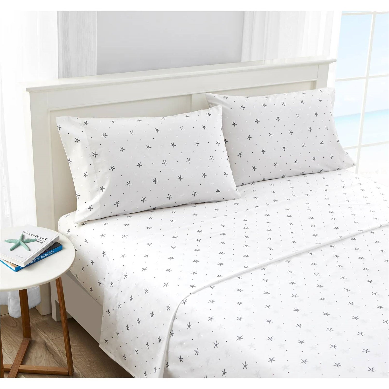 Queen size Coastal Beach Starfish White Navy Red 100-Percent Cotton Sheet Set FastFurnishings