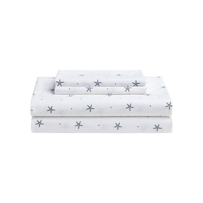 Queen size Coastal Beach Starfish White Navy Red 100-Percent Cotton Sheet Set FastFurnishings